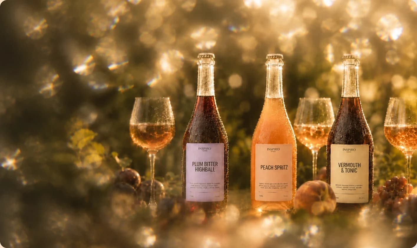 INSPIRO Blends bottles and glasses in warm sunset light
